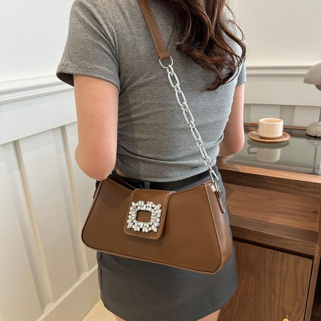 Stylish Korean Summer Casual Solid Color Shoulder Tote Bag With Shiny Rhinestones For Women