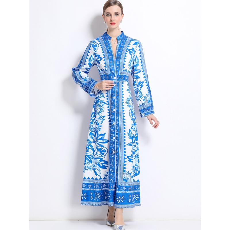 Spring Autumn Women Vintage Print Runway Dresses Full Sleeve Single Breasted Long Maxi Party Dress