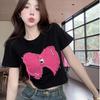 American retro sweet Spice Girl short front shoulder top design sense chic three-dimensional bow slim short sleeve t-shirt women