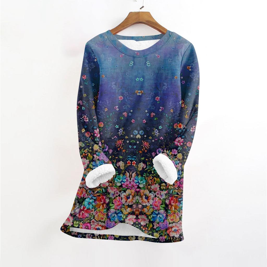 Women's Fashionable Printed Round Neck Long Sleeved Plush Warm Pullover Top
