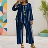 Women Plus Size Dark Blue Printed Round Neck Long Sleeve Two Piece Set Asymmetrical Layered Top Wide Leg Pants
