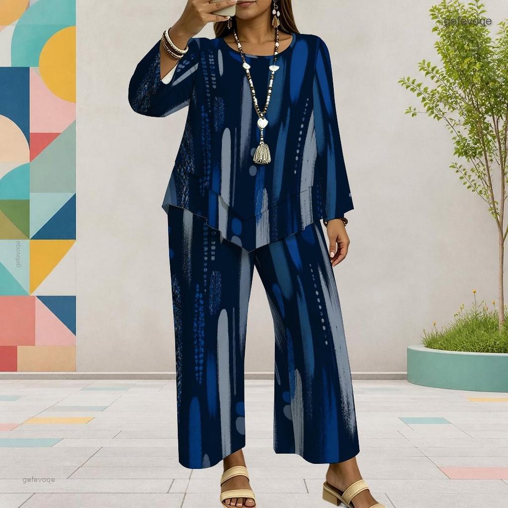 Women Plus Size Dark Blue Printed Round Neck Long Sleeve Two Piece Set Asymmetrical Layered Top Wide Leg Pants