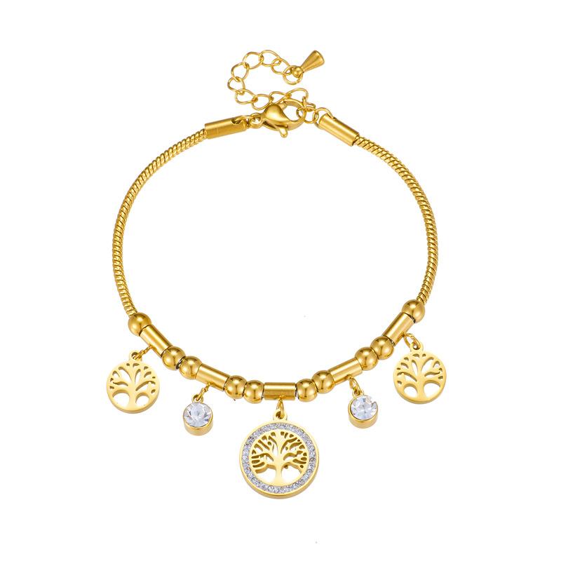 316L Stainless Steel Elegant Gold Color Tree - of - Life Charms Bracelet With Shiny Zircon Stone For Women's Daily Wear
