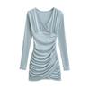 Sexy Deep V-Neck Pleated Slimming Mini Dress for Women - Autumn and Winter Base Layer