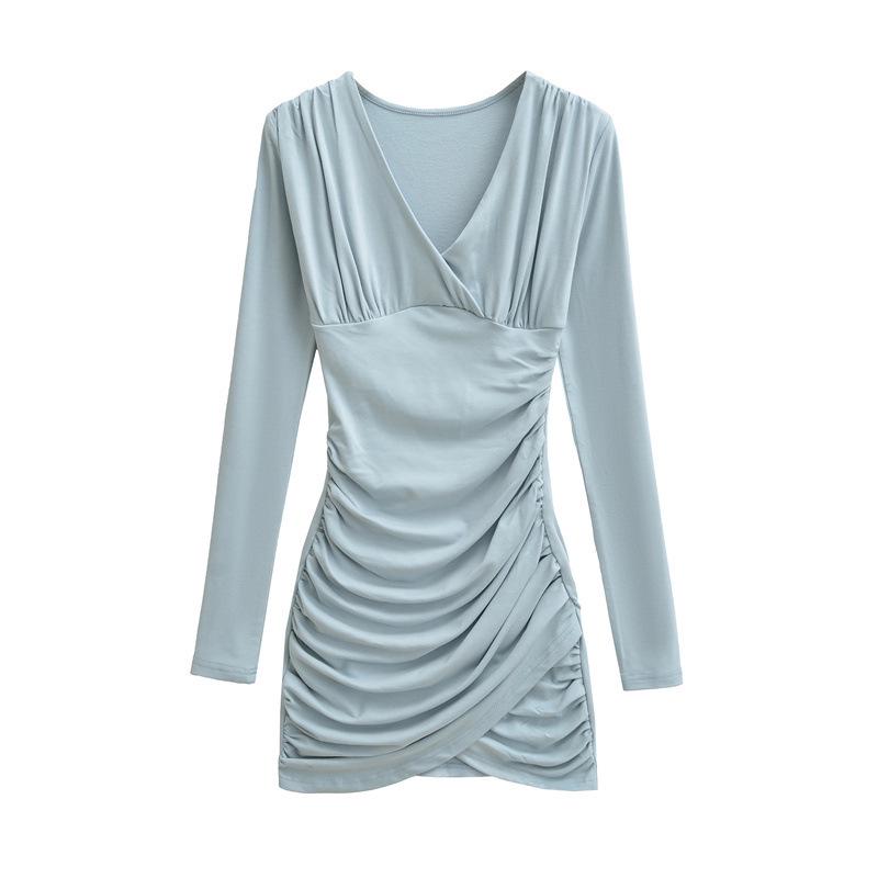 Sexy Deep V-Neck Pleated Slimming Mini Dress for Women - Autumn and Winter Base Layer