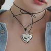 J.Lauren Jumbo Bold Silver Heart Leather Long Necklace N01151