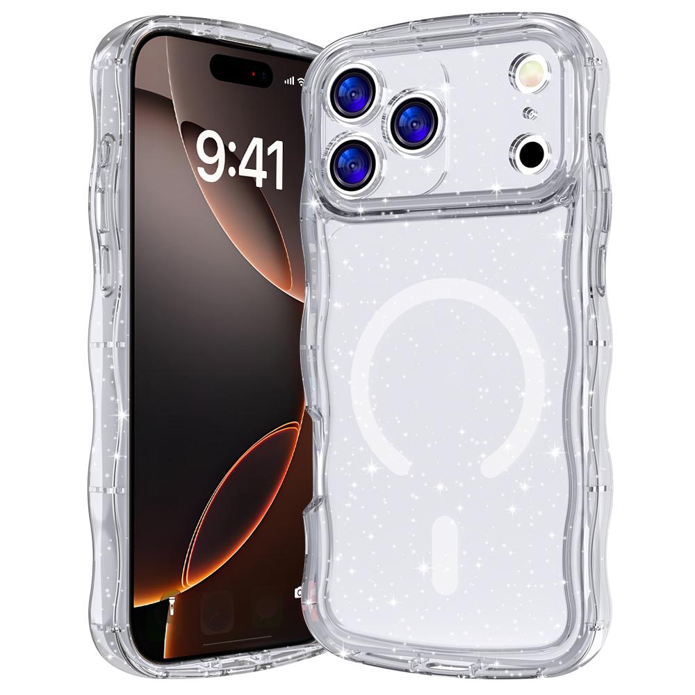 For iPhone 17 Pro Max Magnetic Case Wave Edge Glitter TPU Phone Back Cover