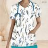 Women Plus Size White Floral Printed V Neck Short Sleeve Nurse Scrub Top With Front Pockets