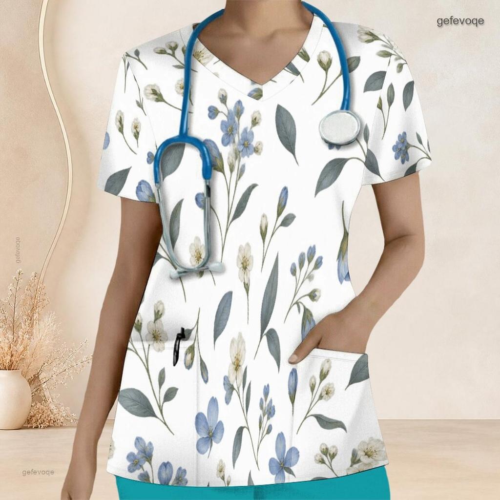 Women Plus Size White Floral Printed V Neck Short Sleeve Nurse Scrub Top With Front Pockets