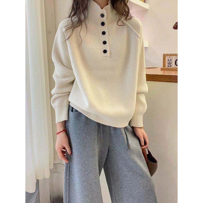 2026 Women's Fashionable French Knit Button-Design Sweater with Half-High Collar