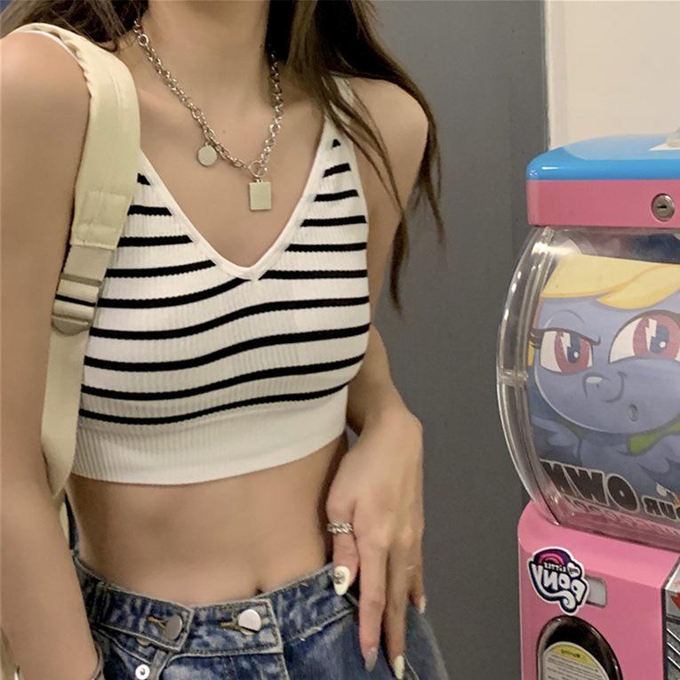 

Женский летний облегающий полосатый жилет с V-образным вырезом, подтяжками и подтяжками - корейский стиль, красивая спина, топ, открывающий живот One Size