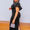 Women Fashion Beaded Frill Short Sleeve Crew Neck Knee Length Pencil Dress