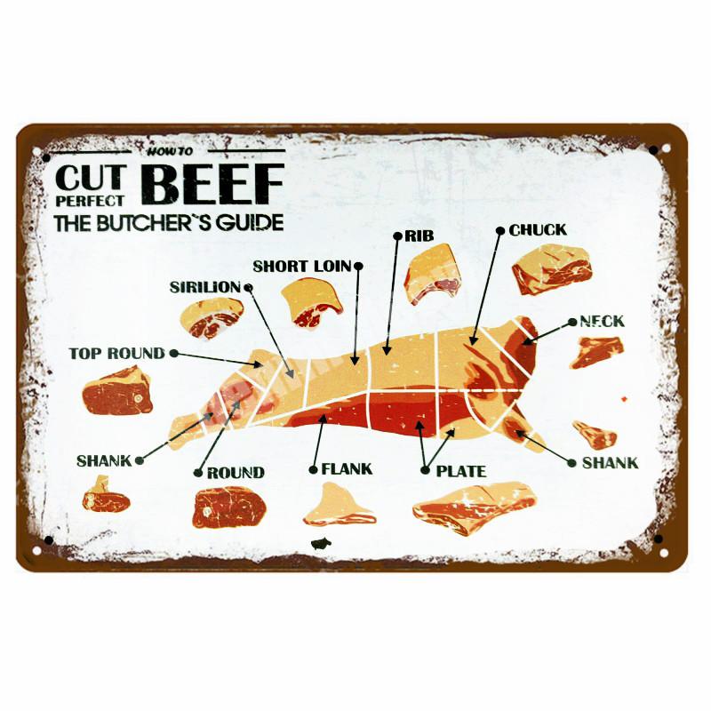 BUTCHER'S GUIDE Vintage Metall Zeichen Küche Dekorative Platten Plaque Cut Rindfleisch Pferd Huhn Schwein Poster Ente Wand Aufkleber N265