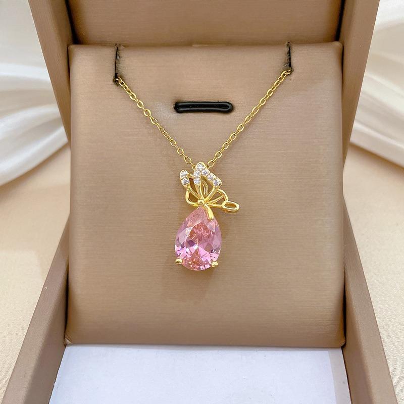 Classic Pink Water Drop Crystal Zircon Butterfly Pendant Necklaces for Women Stainless Steel Chain Vintage Collar Accessories
