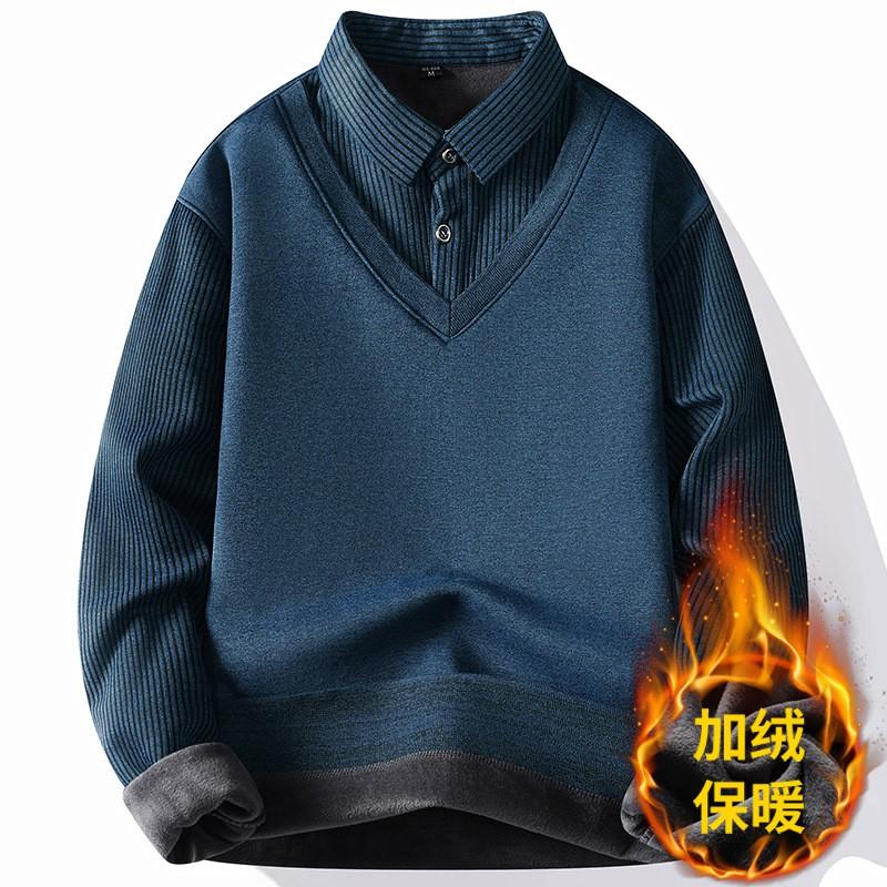 Mens Faux Two-Piece Knit Sweater With Shirt Collar Warm Winter Layering Top Long Sleeve