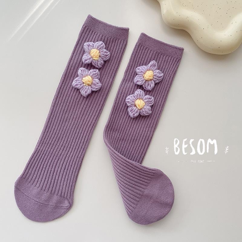 Girls' Korean-Style Mid-Calf Socks with Little Flower Design - Trendy Solid Color Scrunched Knit Knee-Highs (Heel-Less)