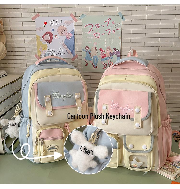 Cute Korean Style Color Block Backpack, Large Capacity for Junior & High School Girls, Laptop Compatible