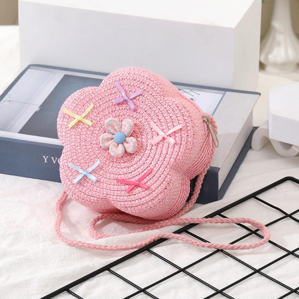 Cute Children Girls Shoulder Bag Flower Bow Handmade Straw Baby Bags Messenger Bag Kids Keys Coin Purse Cute Mini