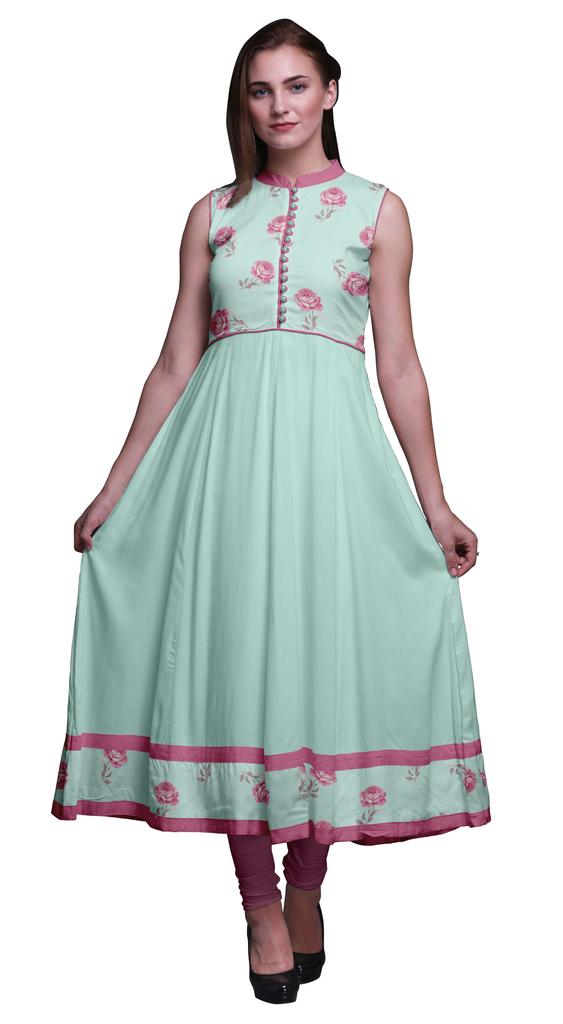 Bimba Black Floral Printed Women Designer Mandarin Collar Anarkali Dress Indian Ethnic Kurta