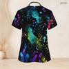 Women Plus Size V Neck Short Sleeve Black Multicolor Printed Nurse Scrub Top With Front Pockets