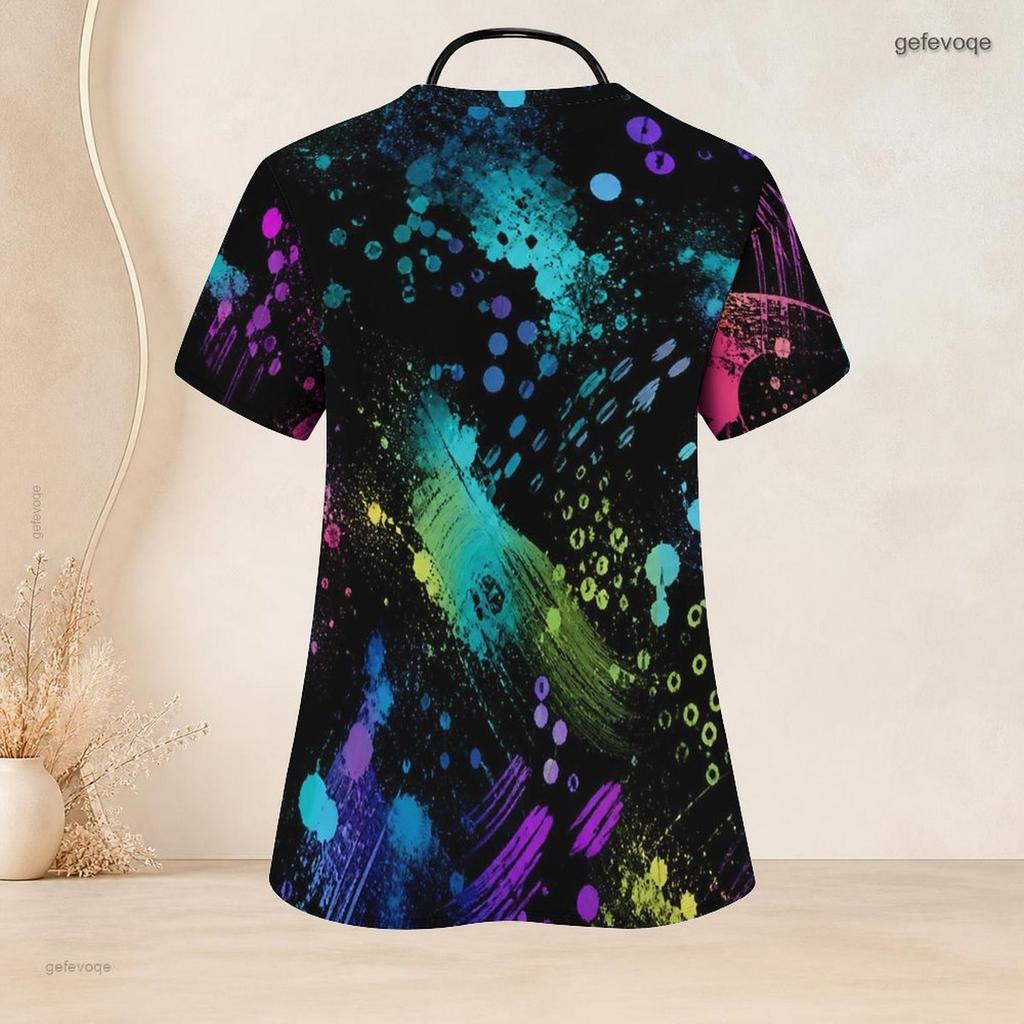 Women Plus Size V Neck Short Sleeve Black Multicolor Printed Nurse Scrub Top With Front Pockets