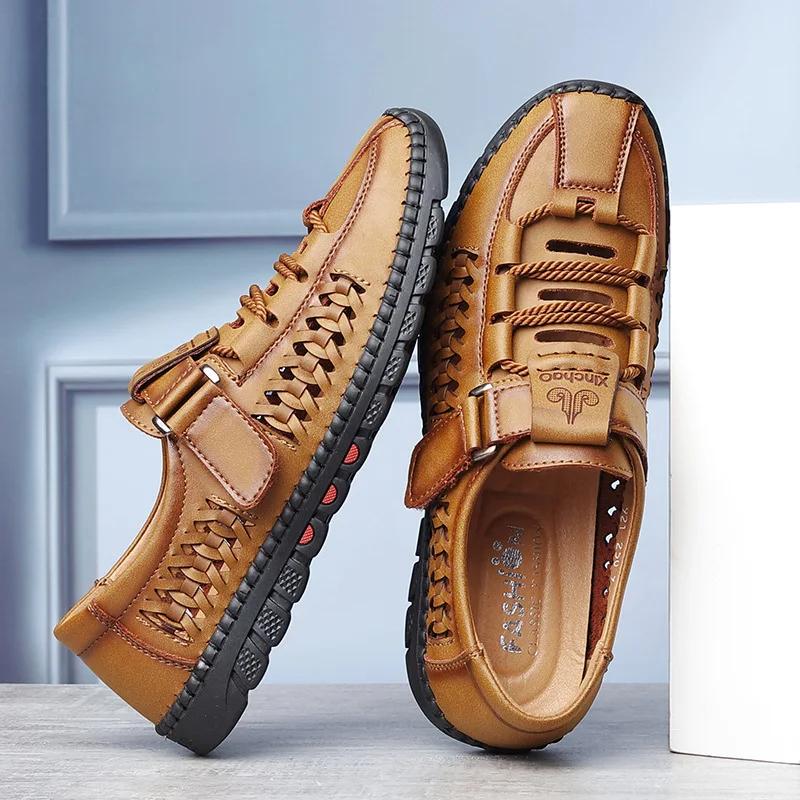 Summer Men Sandals Leisure Breathable Comfort Mens Beach Shoes Fashion Solid Hand Sewn Male Flat Casual NEW Leather Sandals