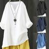 Plus Size Women Solid Color V Neck Long Sleeve Shirt Loose Linen Blouse Top
