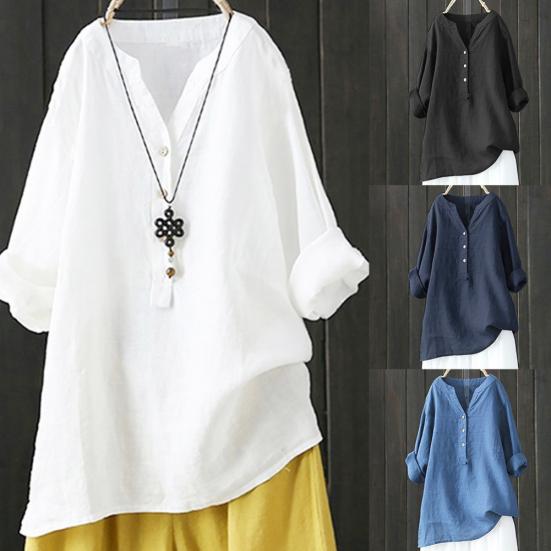 Plus Size Women Solid Color V Neck Long Sleeve Shirt Loose Linen Blouse Top