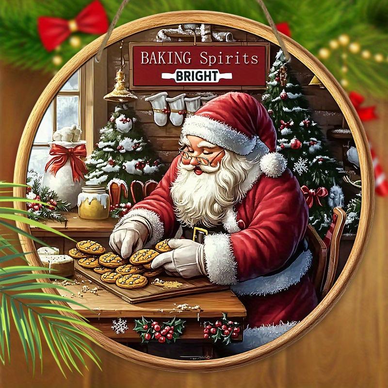 Weihnachtsschild aus Holz mit freundlichem Weihnachtsmann-Muster, Frohe Weihnachten rundes Schild für Haustür, Küche, Hängedekor, Idealer Weihnachtsschmuck