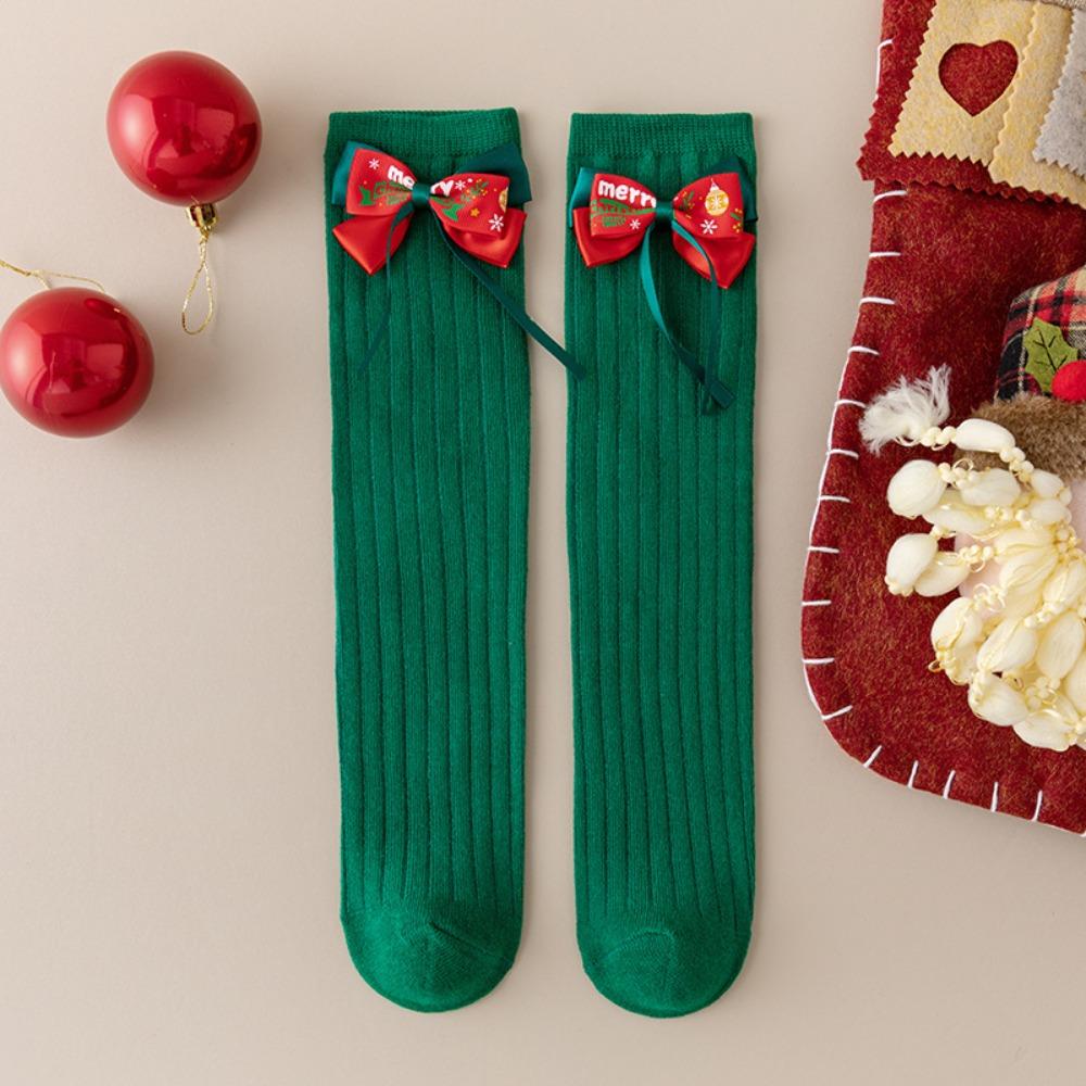 Green New Year Red Socks Cotton Children Long Socks Casual Bow Hosiery for Kids  Winter