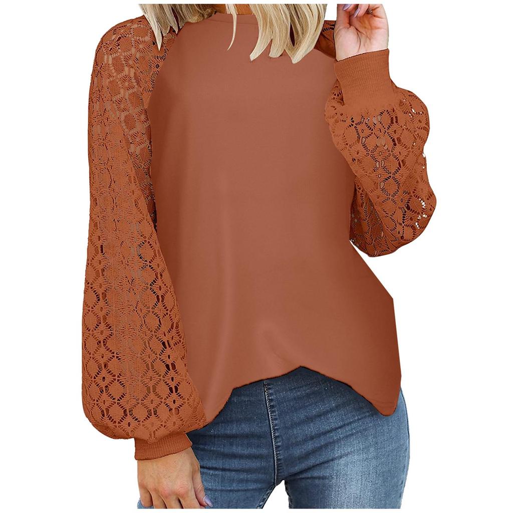 2025 Women's Lace-Trimmed Round Neck Long-Sleeve Loose Top