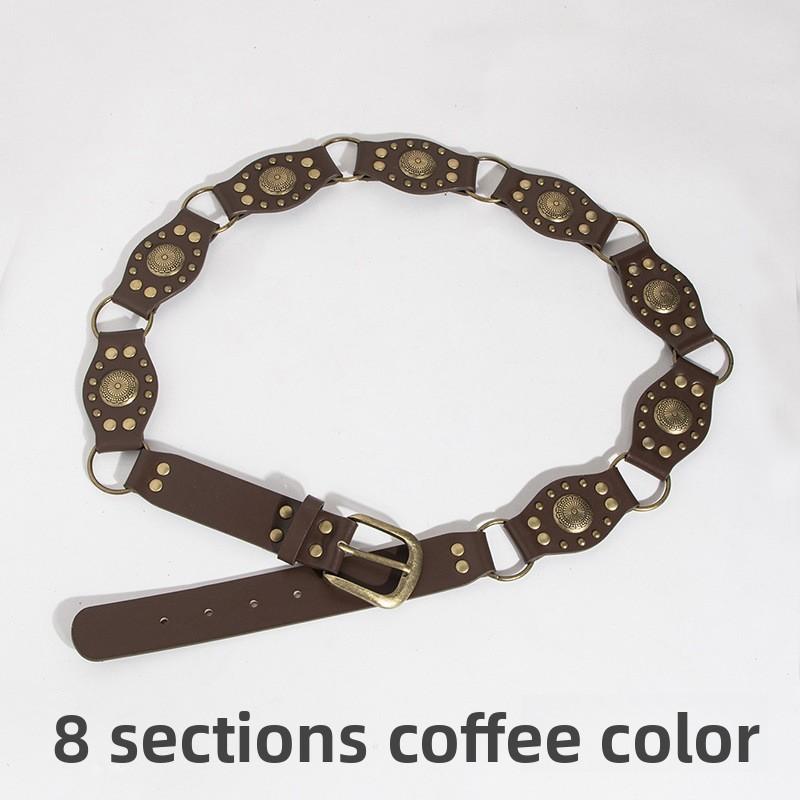 Vintage Western Style Faux Leather Belt With Spliced Carving And Unique Buckle For Fashion Women