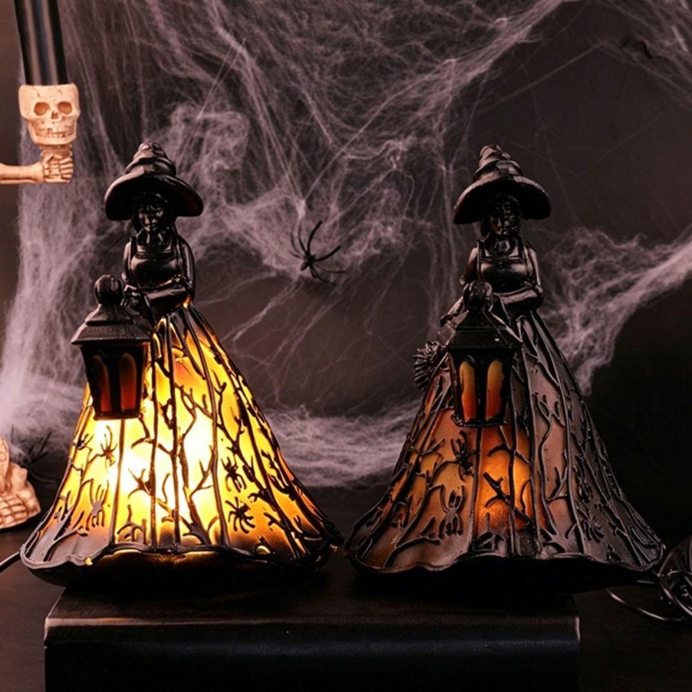 Strašidelné sošky čarodějnic na koštěti 16cm Pryskyřice Noční světlo Sváteční dekorativní lampa Halloweenská párty
