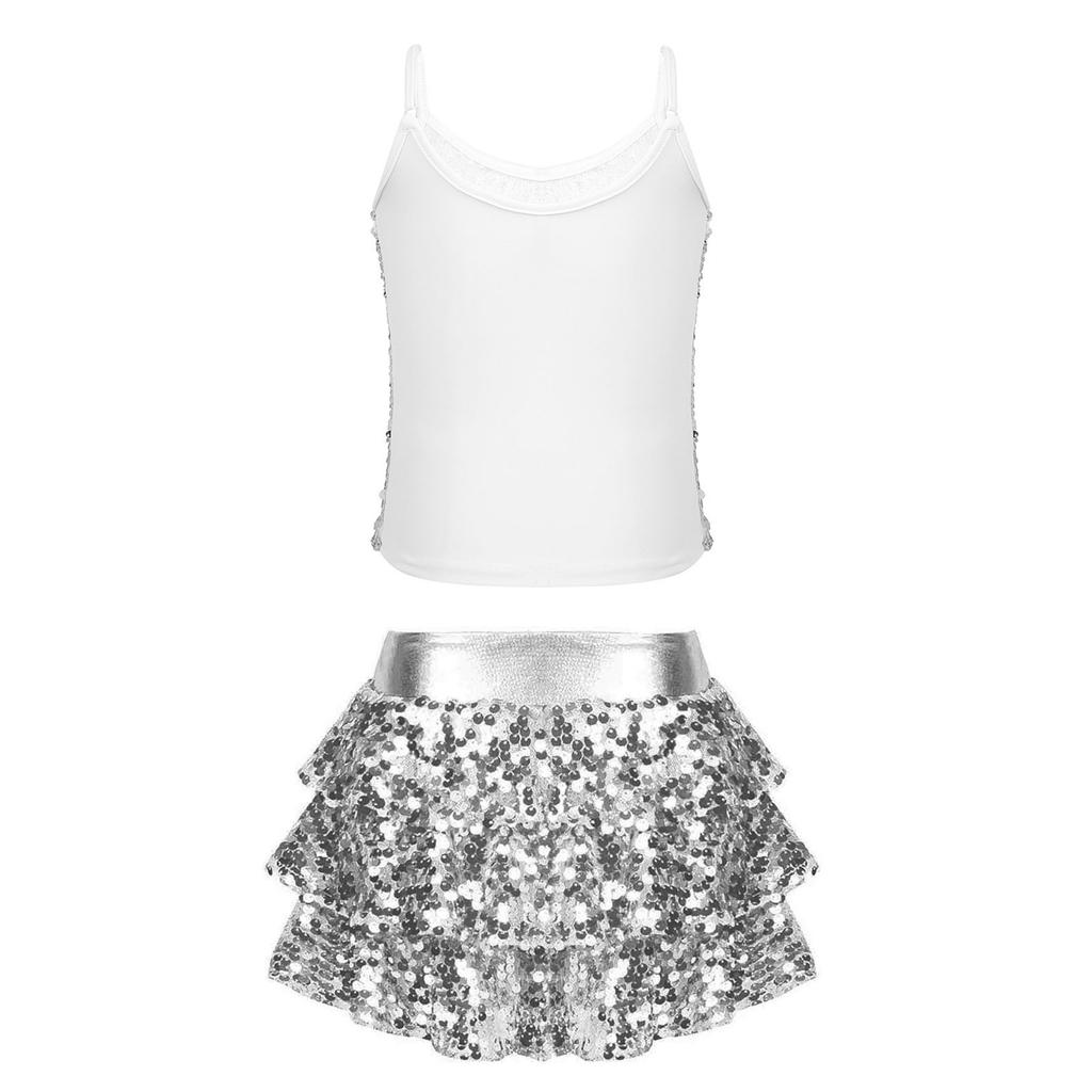 Girls Shiny Sequins Camisole Top Adjustable Straps Tiered Ruffle Skirted Shorts Culottes Dance Outfit
