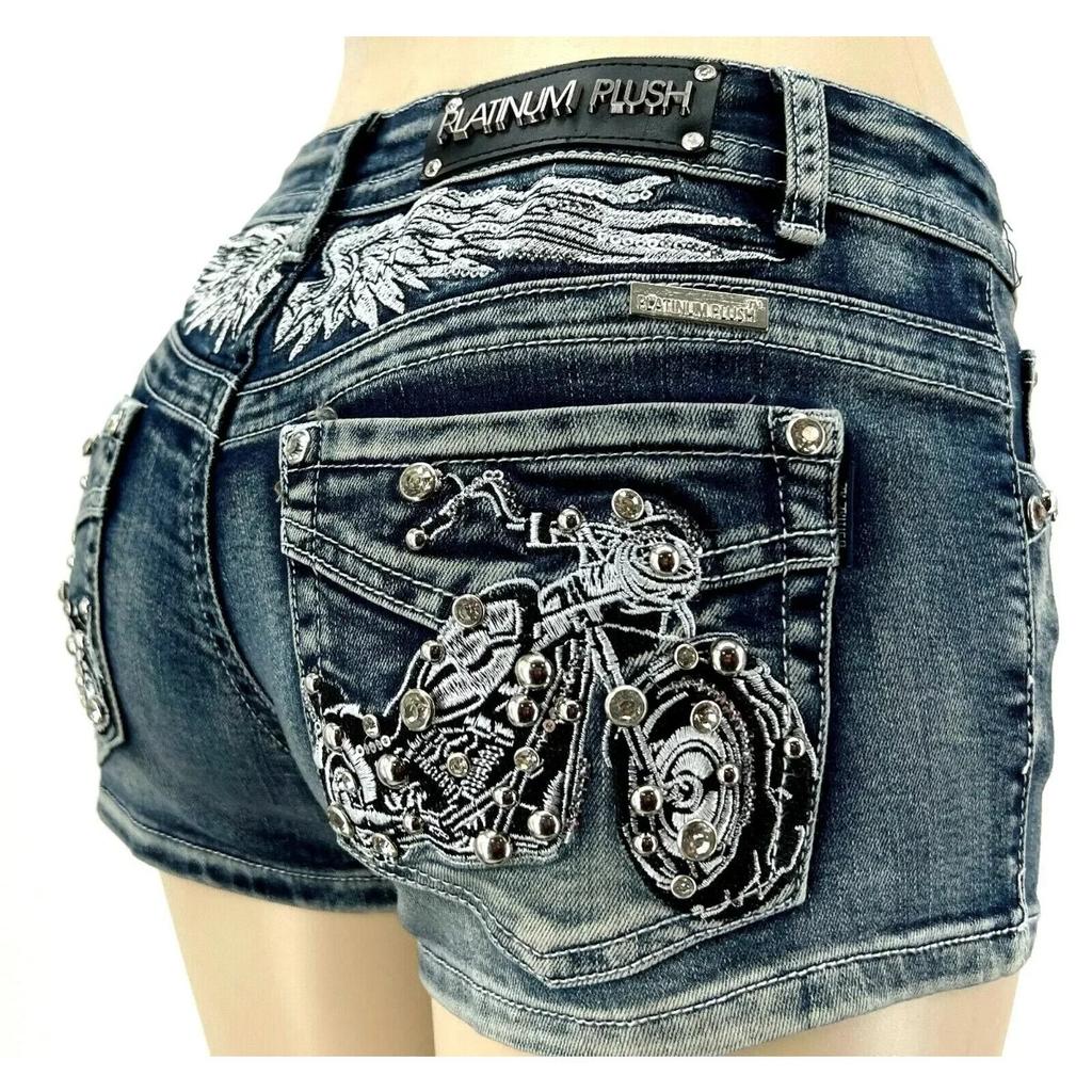 VIONA Damen Motorrad Flügel Nieten Stickerei Shorts Y2k Vintage Gothic Heißes Mädchen Sexy Gewaschene Jeansshorts