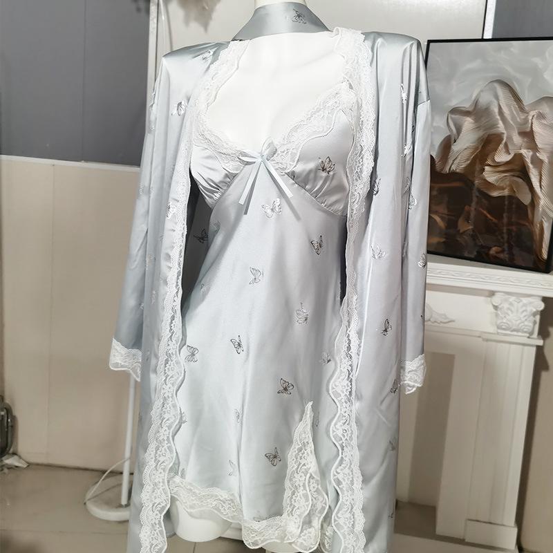 Butterfly Print Deep V Padded Pajamas Set: Sexy and Slimming Ice Silk Nightdress with Fairy Camisole.