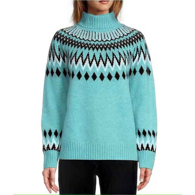 Damenmode Casual Geometric Print Herbst Winter Langarm Halb Rollkragen Lose Pullover