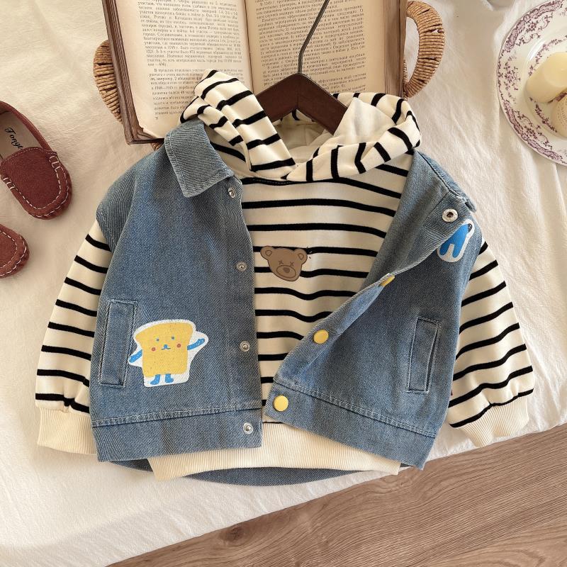 2025 Boys' Striped Jacket & Casual Hoodie Set - Korean Style Spring/Autumn Three-Piece for Children