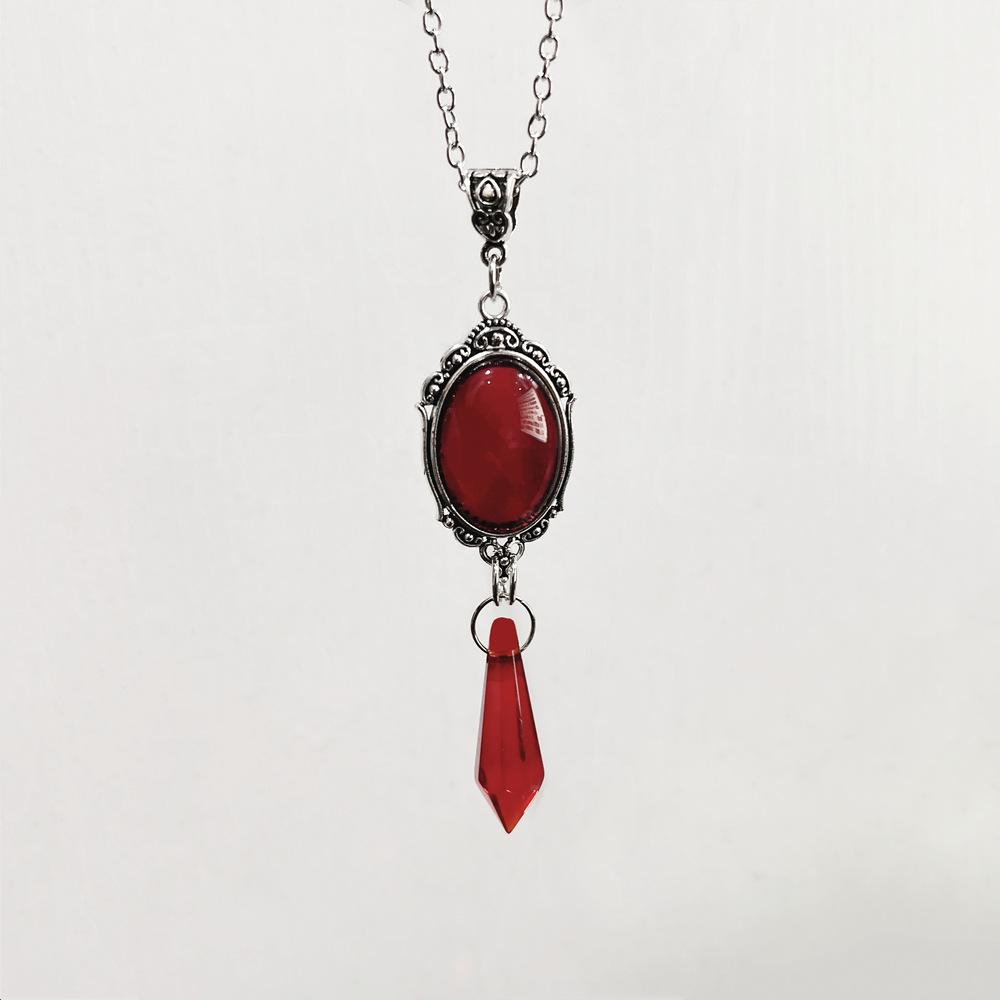 Gothic Vampire Bat Geometric Relief Ellipse Red Crystal Pendant Necklace for Women Halloween Party Charm Witch Jewelry Gifts