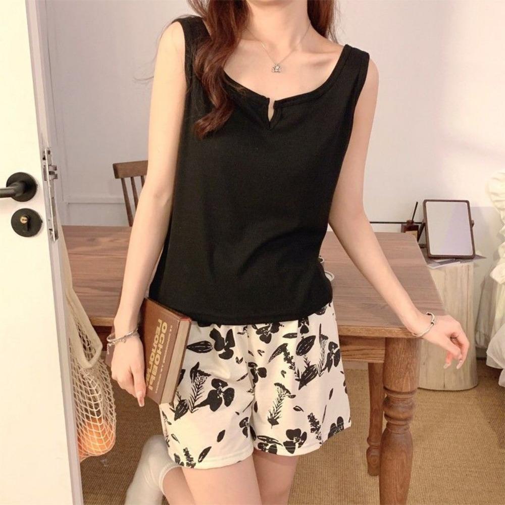 

Летняя майка пижама Новый милый свободный комплект домашней одежды без рукавов для женщин M чёрный