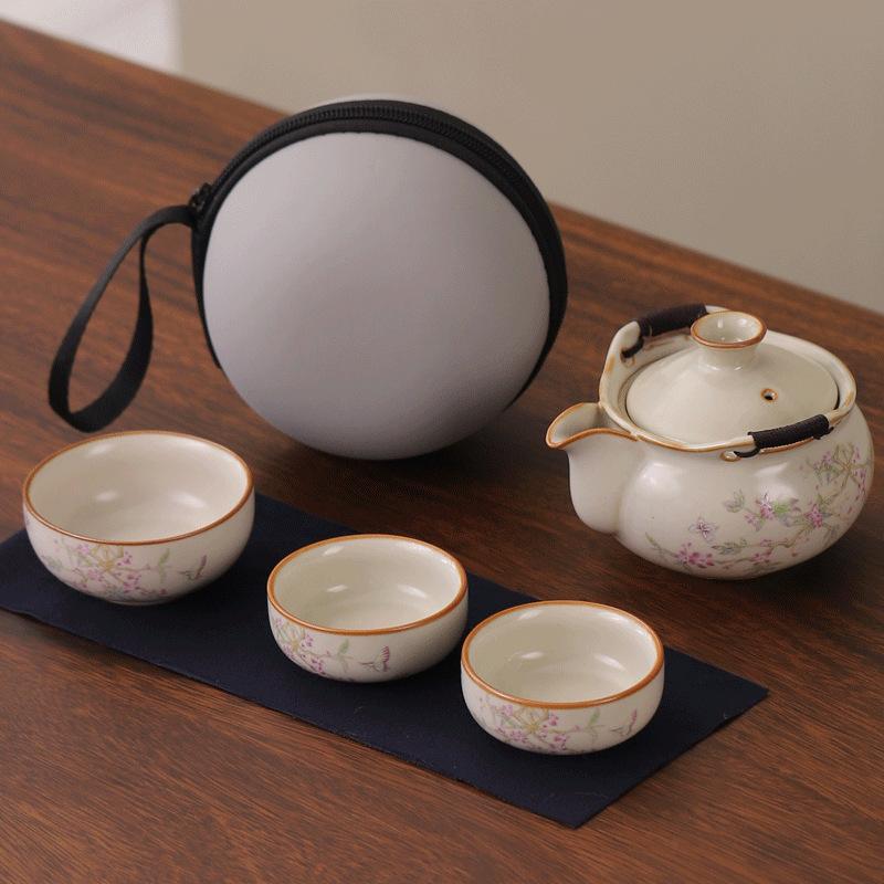 Ru kiln travel tea set portable outdoor camping blue and white ceramic express cup gift retro hand-held pot