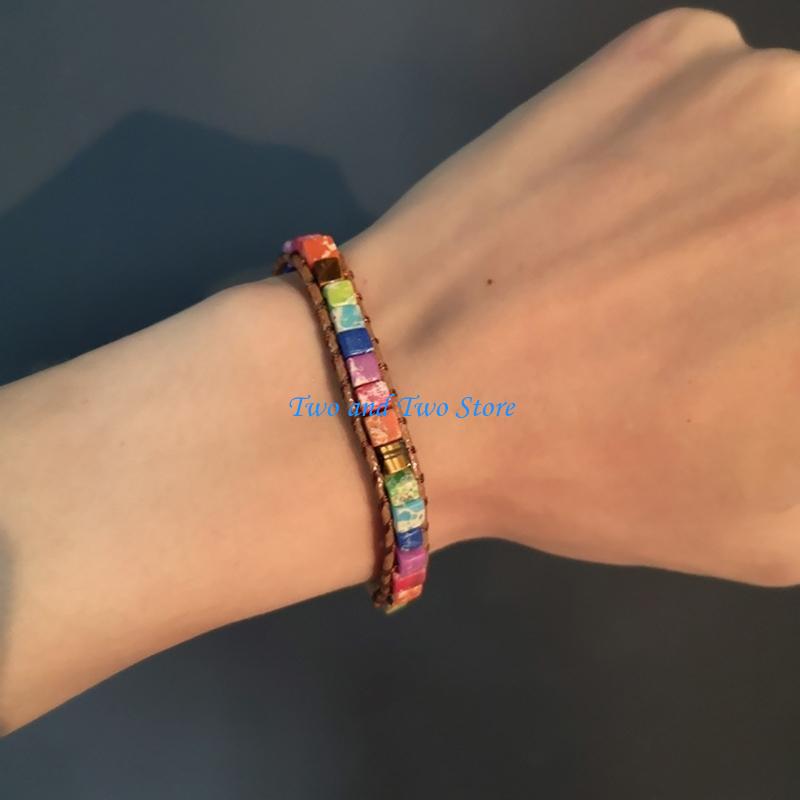 HX6F Multicolor Bracelet Jewelry Handmade Multi Natural Stone Tube Beads Leather Wrap Bracelet Couples Bracelets for Adult