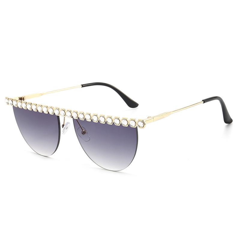 New European and American frameless semi-round sunglasses with diamonds trendy metal sunglasses women's personalized fashion sunglasses