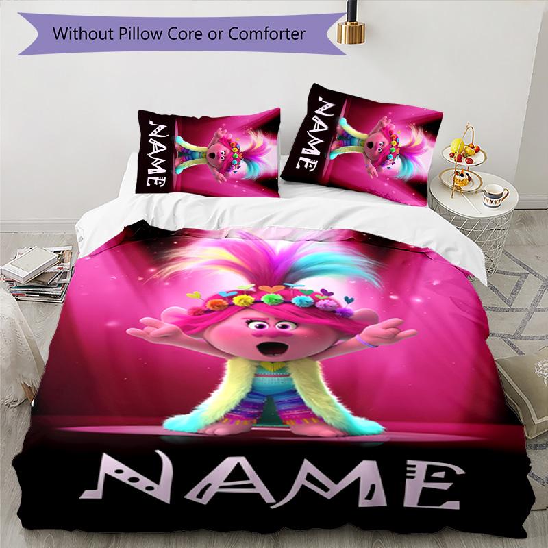 3pcs Trolls3 Cover Set - Personalized Name, HD Printed Bedding with 1 Cover and 2 Pillowcases - Perfect for Home Decor, Easy Care