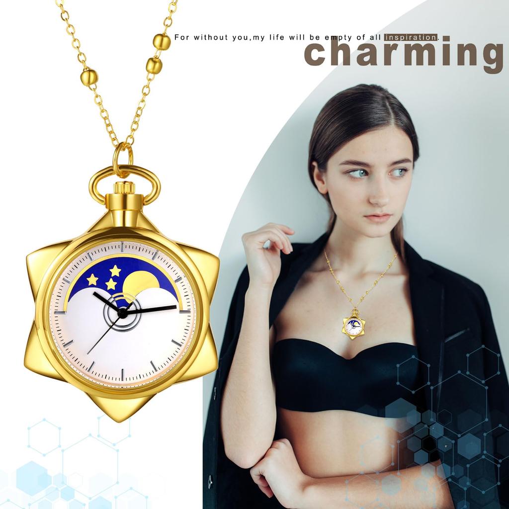 Taschenuhr Sonne Mond Stern Hexagramm Anhänger Uhr Analoganzeige Wasserdicht Niedlich Taschenuhr Halskette Pulloverkette Gold Modeaccessoire Geburtstag