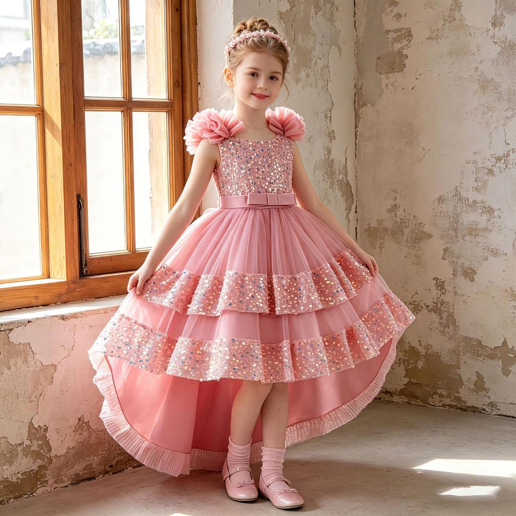 Pailletten-Prinzessinnenkleid: Formelles Kleid für Mädchen für Geburtstage und Partys – Schleife, Pailletten, Trägerlos, Schleppe