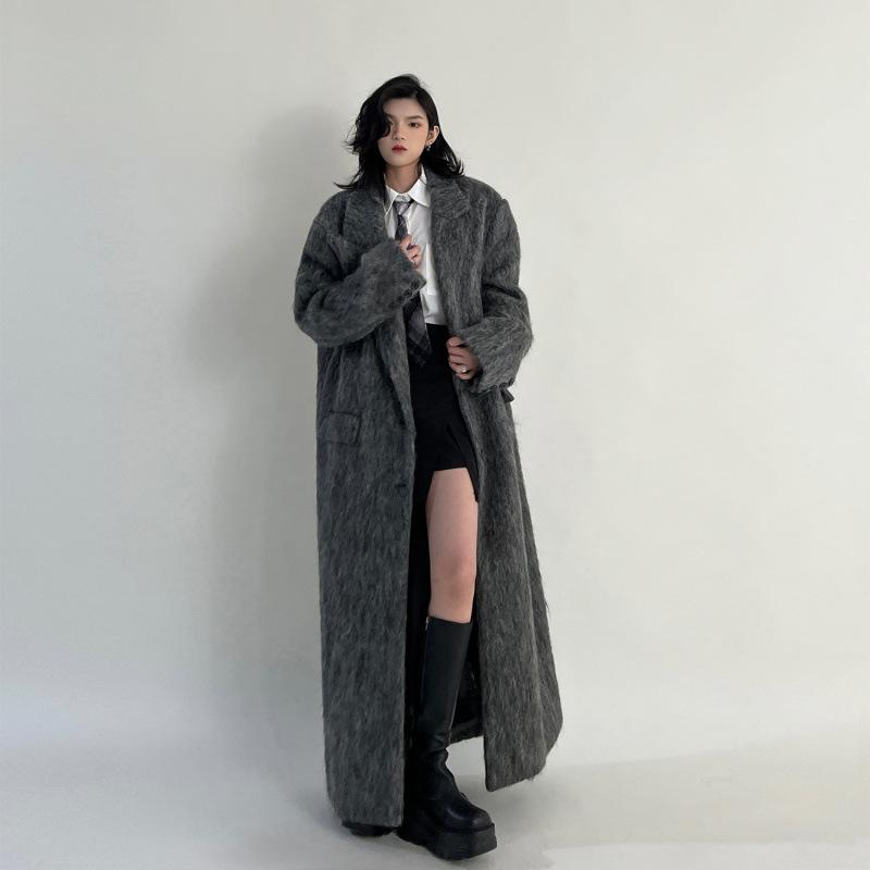 Autumn Winter Clothes Women Oversized Extra Long Casual Warm Grey Wooen Blends Coat Women Maxi Fluffy Woolen Overcoat