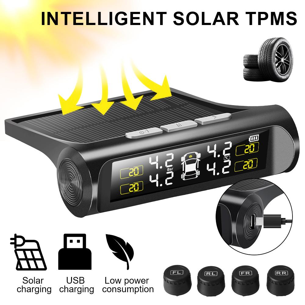 TPMS Tyre Pressure Monitoring System Solar Power LCD Display with 4 Internal/External Sensor  Waterproof Temperature Warning