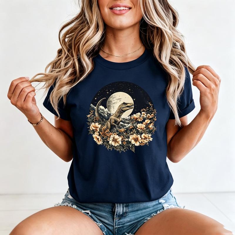 Vintage Floral Dinosaur Graphic Tees for Unisex Unisex Casual Short Sleeve Printed T Shirts Streetwear