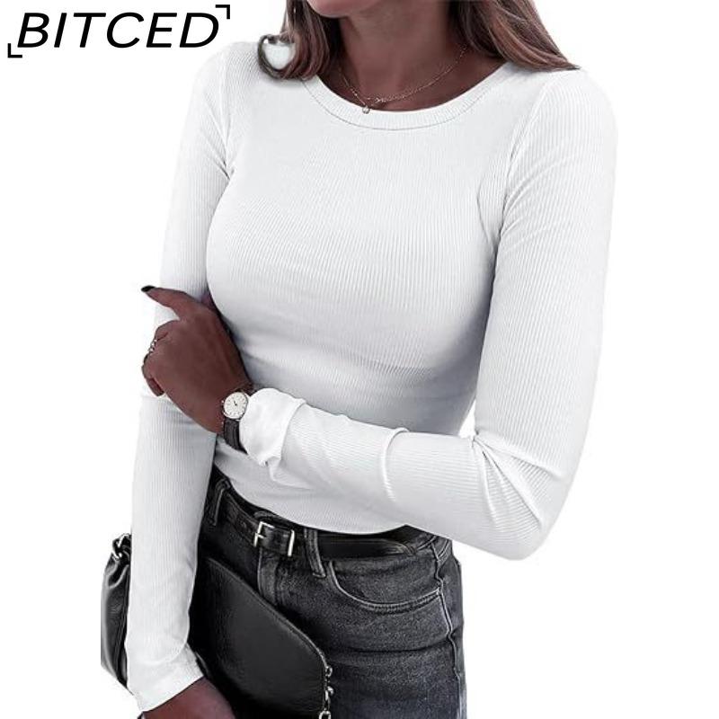 BITCED Women's Long-Sleeved Stretch O-Neck Ribbed T-Shirt Fitted Casual Basic Top